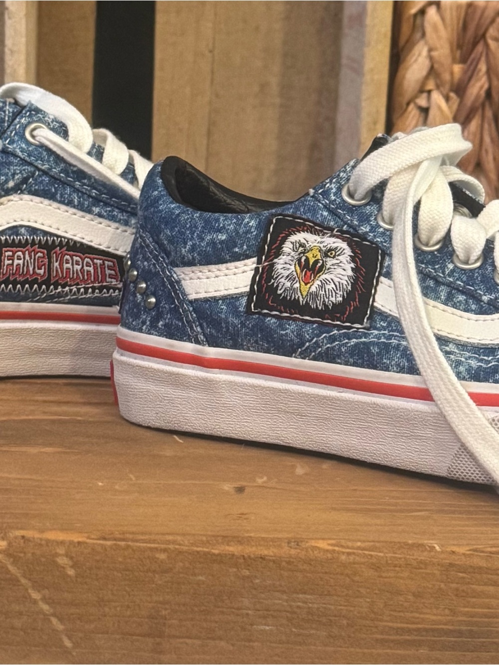 Vans Kids Blue Denim-Look Eagle Patch Sneakers with White Laces